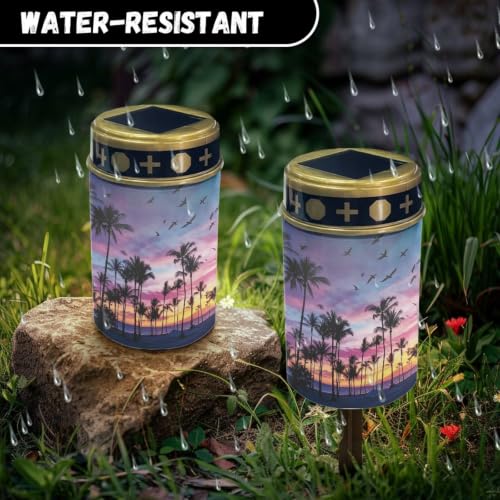 Image of Poceacles Solar Lights Outdoor Solar Powered Outdoor Cemetery Stake Candle Grave Lamp Landscape Lighting Waterproof Grave Flameless Candle, Palm Tree Beach Sunset Pattern Violet Blue, Pack of 6