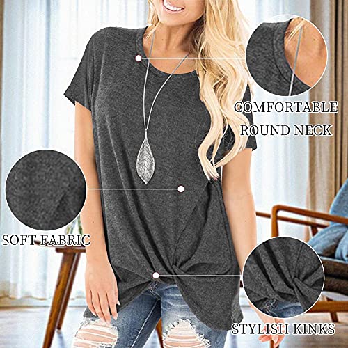 SHIBEVER Women's Tops Short Sleeve Shirts Twist Knotted T Shirts Round Neck Tunic Dark Grey 2XL