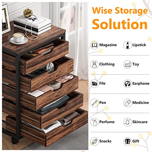 Tribesigns 5 Drawer Chest, Wood Storage Dresser Cabinet With Wheels, Industrial Storage Drawer Organizer Cart For Office Bedroom Entryway (Rustic Brown, 1 Pc) #TOP5