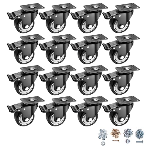 Caster Wheels - 3 Inch Casters Set of 4 Heavy Duty, BOSGEOT Locking Industrial Caster with 360 Degree No Noise Polyurethane Wheels, Swivel Plate Casters with Brake - Pack of 16