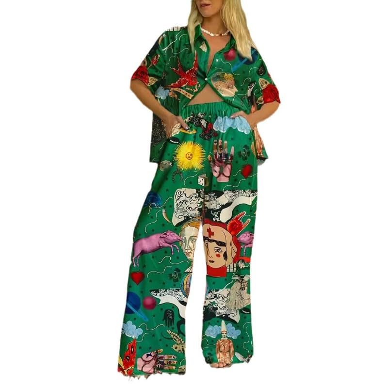 UEHCNFU Women's Summer Print Two Piece Pajama Set Short Sleeve Outfits Button Down Tops Drawstring Long Pants Sleepwear Sets