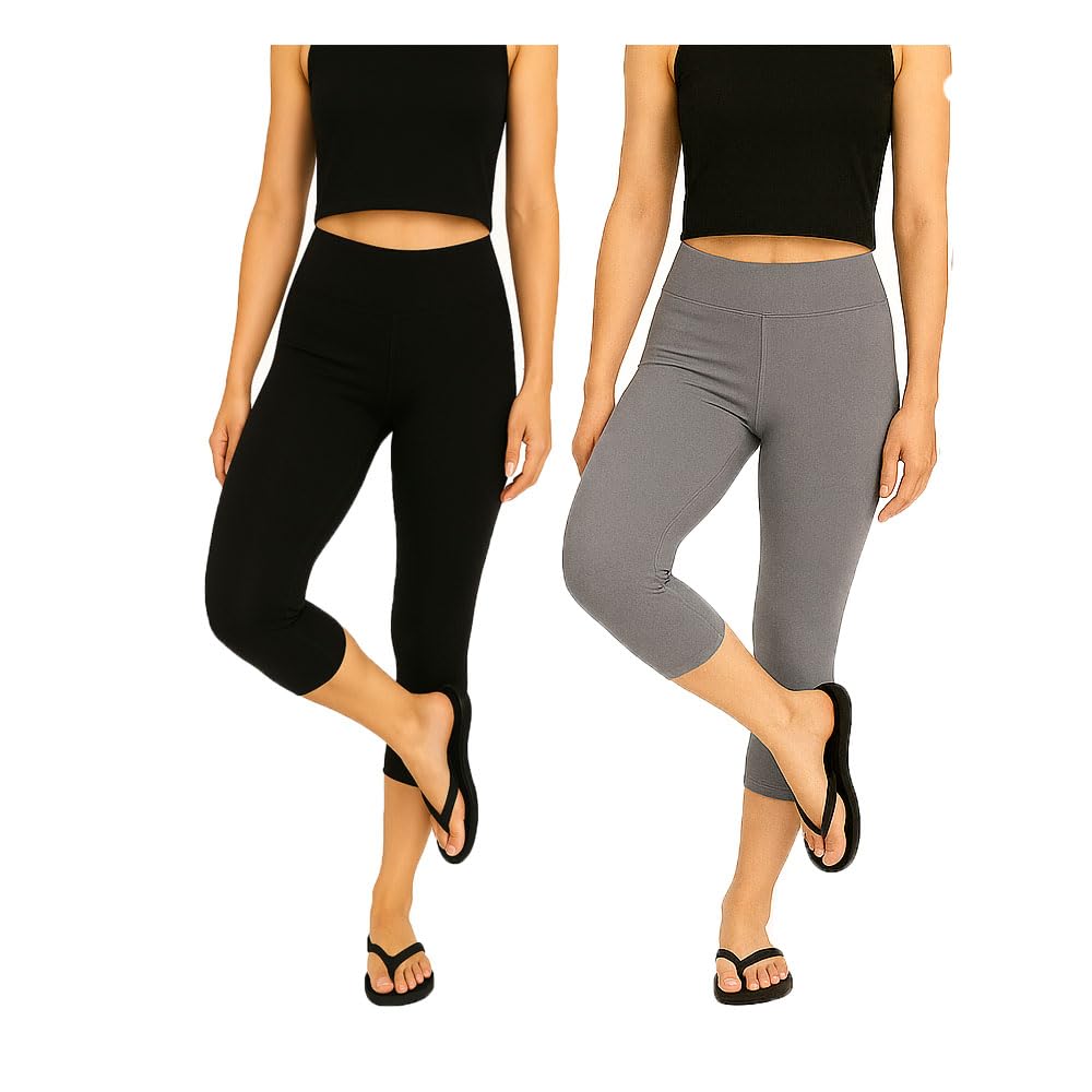 Women’s Cotton Blend | 3/4 Length Slim Fit Mid Waist Stretchable Capri Pants for Women (Black, Grey) Combo Pack of 2