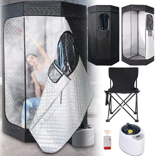 Sauna Tenda Sauna, Generatore Vapore Per Cabina Sauna 1200W Casa All'Aperto Tenda Sauna Portatile Timer E 9 Livelli Temperatura Con Sauna Vapore Pentola 3L Sedia Pieghevole Con Telecomando 180cm(H)