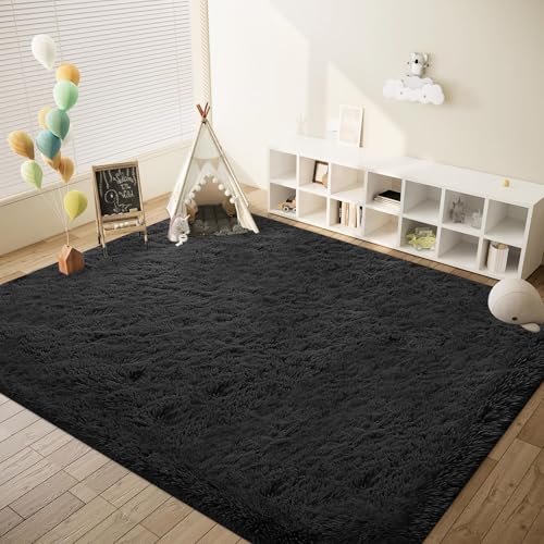 Image of 8x10 Area Rugs for Living Room: Fluffy Shag Soft Washable Rug Large Fuzzy Plush Indoor Carpet for Bedroom Nursery Playroom Kids Girls Boys Room (Black, 8'x10')