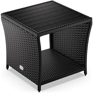 Casaria® Polyrattan Beistelltisch mit WPC Tischplatte 45x45x40cm 80kg Belastbarkeit Wetterfest Outdoor Garten Terrasse Balkon Tisch Gartenmöbel Schwarz