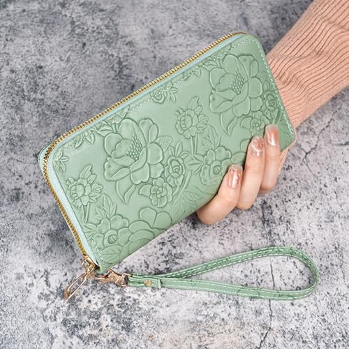 Wallet Wristiet For Women, Vintage Embossed Zippers Wallet, Wristiet Wallets For Women, Womens Wallet Wristiet (Green)2