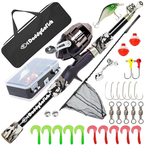 DaddyGoFish Kids Fishing Pole - Rod Reel Combo Tackle Box Starter Set - First Year Small Gear Kit for Boys Girls Toddler Youth Age Beginner Little Children (Essential Set Black 4ft)