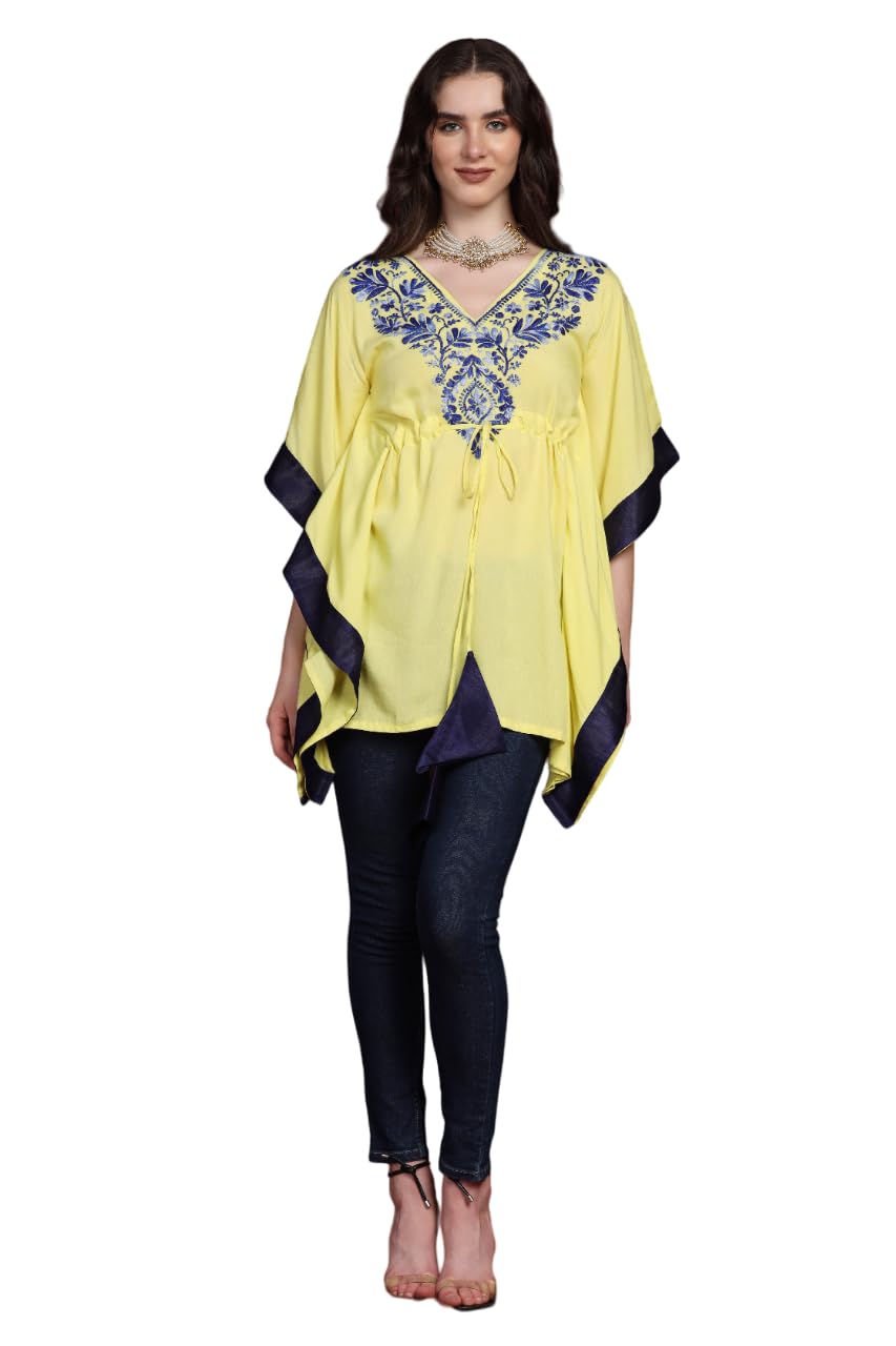 shades of faashion Women's Casual Yellow Kaftan with Blue Embroidery and Border (Yellow)-picture-44