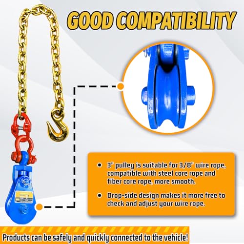 SENKEYFE 2 Ton Snatch Block with Chain and Swivel Shackle, Snatch Block Pulley Kit Blue Color Suitable for 3/8" Inch Wire Rope Flatbed Tow Truck Rollback Wrecker Car Carrier Winch, Towing Winch Block by SENKEYFE - Image 4
