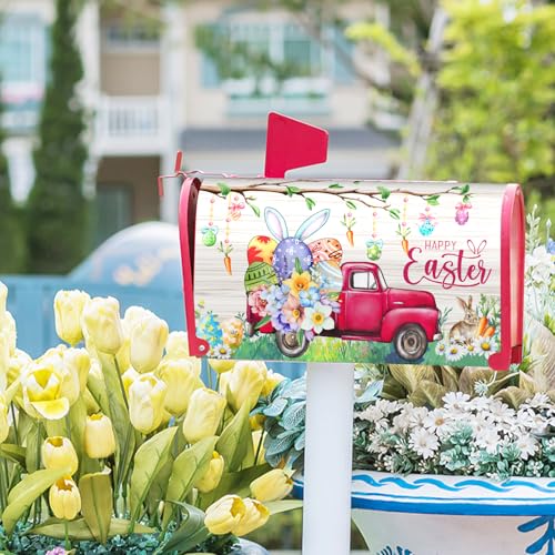 Image of Happy Easter Day Bunny Truck Mailbox Cover Magnetic Large Size 25.5 x 21 Inch Easter Eggs Flowers Mailbox Cover Spring Easter Letter Post Box Cover Wrap Decoration for Home Garden Yard Outside