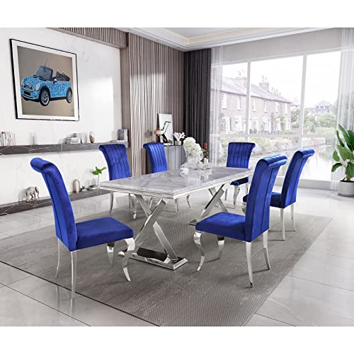 Acedécor Dining Table, Rectangular Dining Room Table For 6, Grey Top And Silver Metal X-Base #TOP6