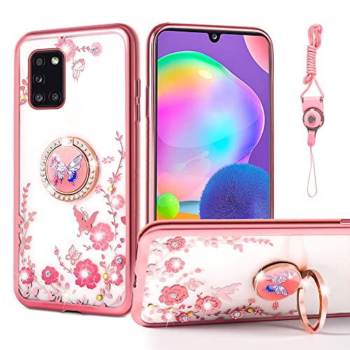 nancheng Cute Rose Butterfly Case for Samsung Galaxy A31, Soft TPU Anti-Drop Shockproof Phone Cover with Rotatable Ring Holder & Lanyard Fashion Protective Case for Girls Women