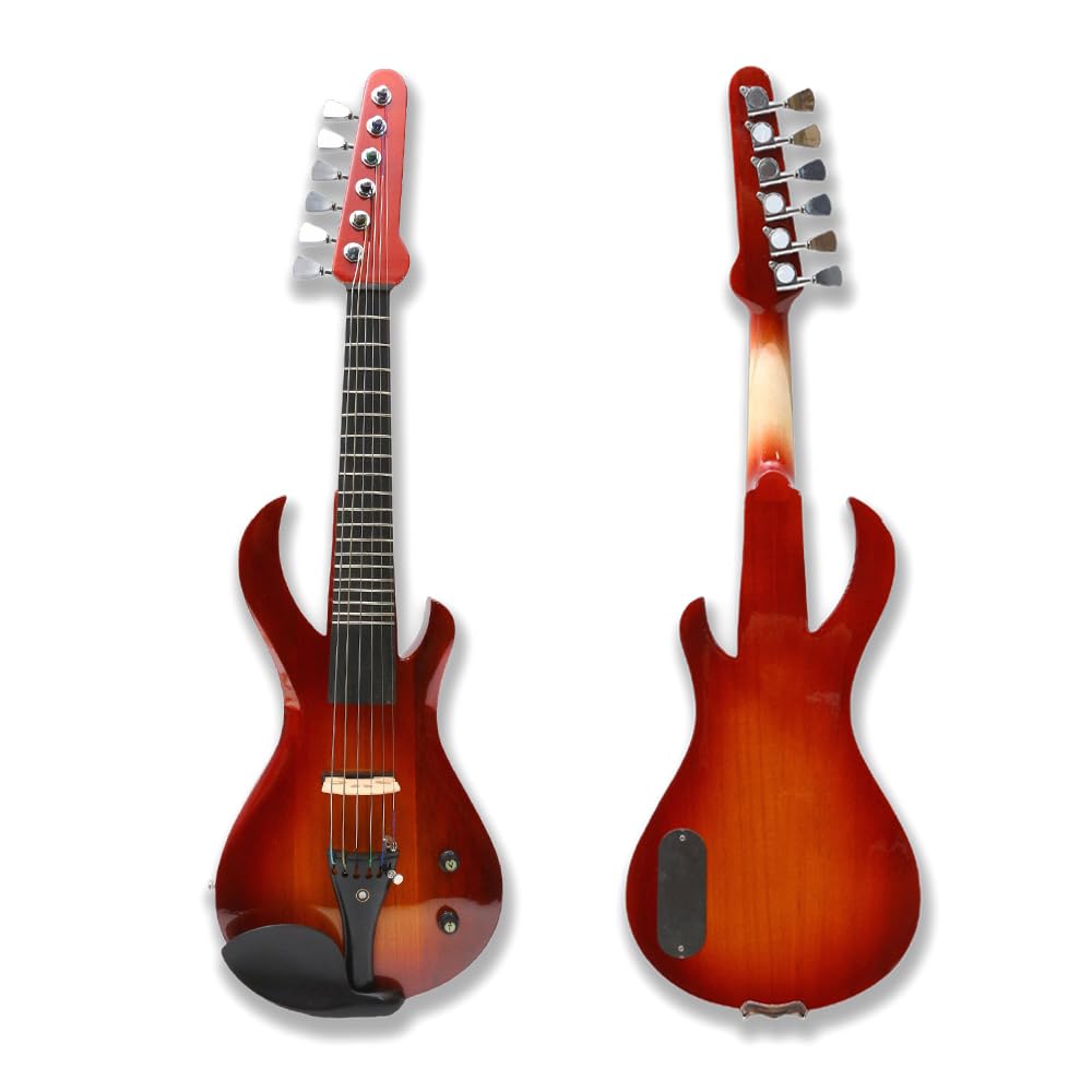 Violino Elettrico in Legno massello 4/4, Stile Chitarra, Rosso-Arancio, con Tasti per Principianti e Professionisti, Include Custodia e Accessori (01) (1)