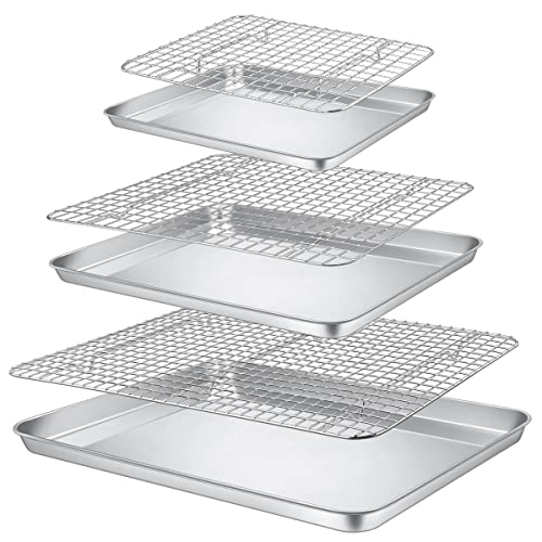 P&P Chef Baking Sheet And Rack Set, 6 Pack (3 Sheets + 3 Racks), 3 Sizes Stainless Steel Baking Pans Cookie Sheets With Cooling Racks For Cooking & Roasting, Oven & Dishwasher Safe, Healthy & Durable #TOP7