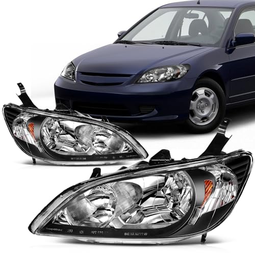 SCITOO Headlights For Honda Civic 2004-2005 Headlamps Black Housing Amber Reflector Clear Lens Driver and Passenger Side