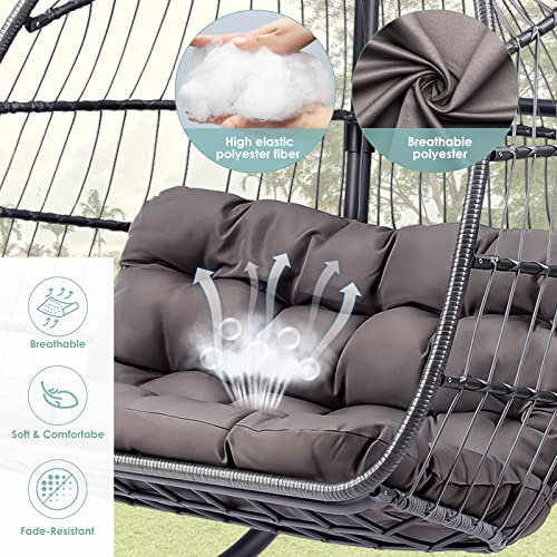Double Egg Chair with Stand - 2 Person Hanging Egg Chair - Hand Made Rattan Wicker Egg Swing Chair Hammock Chair with UV Resistant Cushion & Aluminum Frame Indoor Outdoor (Dark Grey)