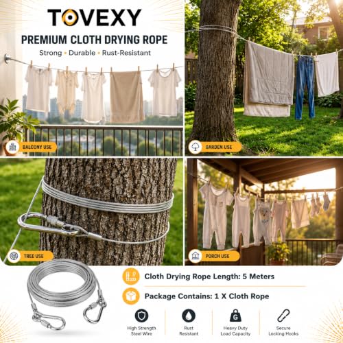 Image of Heavy Duty Stainless Steel Clothes Drying Rope 10 Meter with Hooks | Strong Rust Resistant Clothesline for Balcony, Bathroom, Travel & Camping | Cloth Drying Wire Indoor & Outdoor Use