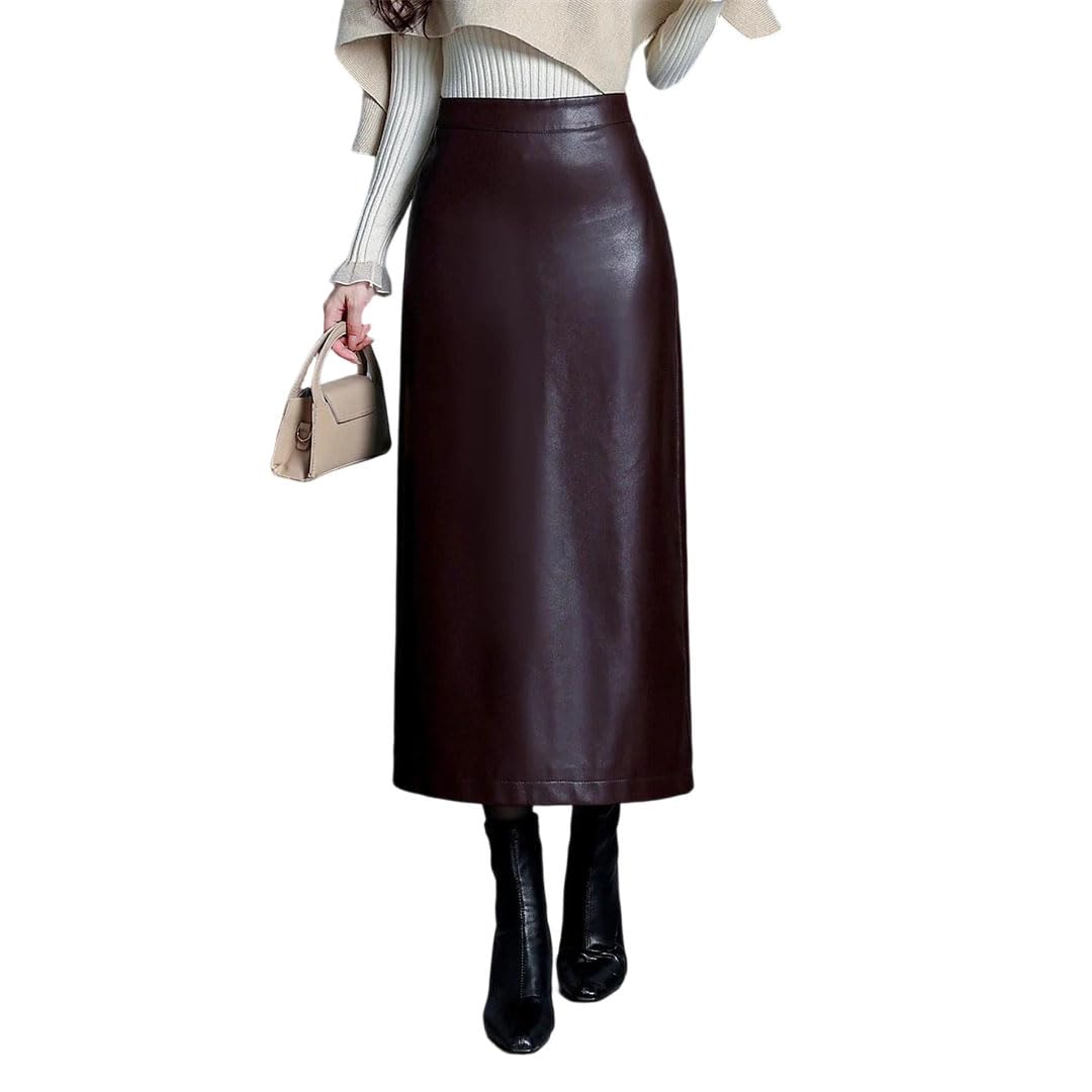 Women Leather Skirts Slit High Waist Straight Versatile Pu Long Skirt