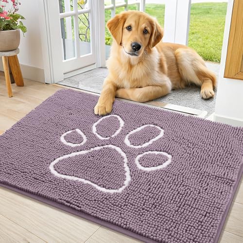 Image of Smiry Dog Door Mat for Muddy Paws, Absorbent Dirt Trapper Non Slip Quick Dry Washable Chenille Mat for Mud Dogs, Entry Rug for Indoor and Outdoor (36x24 Inches, Deep Plum and White)
