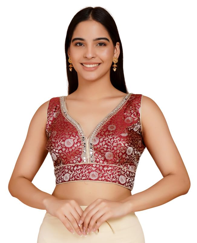 Women's Brocade Saree Blouse Sleeveless Readymade Padded Sweetheart Neck Choli-picture-24