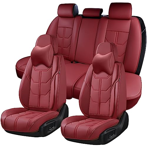 BWTJF Car Seat Covers Full Set, Front and Rear Seat Covers for Cars, Leatherette Auto Seat Protectors with Head Pillow, Car Seat Cushions Fit for Most Sedans SUV Pick-up Truck, WineRed