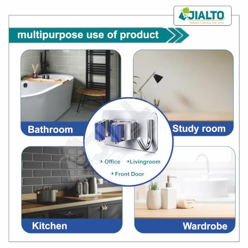 Image of JIALTO 3 Pcs Adhesive Mop Holder and Broom Holder Wall Mounted Stainless Steel | Heavy Duty Mop & Broom Organizer with Hooks | Adhesive Storage Rack for Kitchen & Bathroom (Blue, 3)