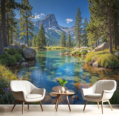Papel Tapiz Fotográfico Efecto 3D Arroyo Cristalino Bosque Pinos, Verde Oliva Papel Pintado Tejido 200 × 140 cm - Decorativos Murales Para Pared Salón Y Dormitorio - Magnífico Paisaje Natural