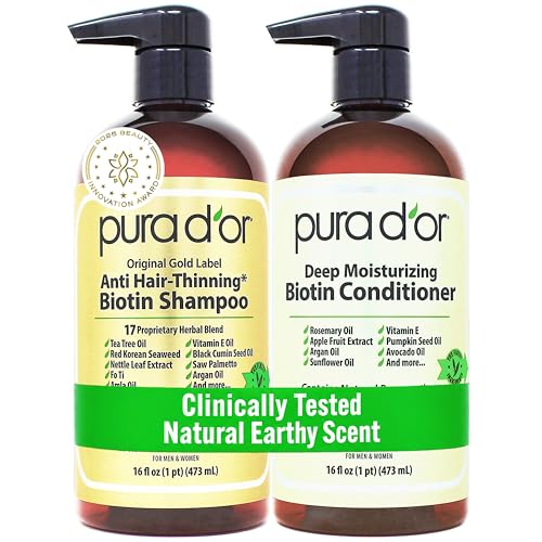 PURA D'OR Anti-Thinning Biotin Shampoo and Conditioner Natural Earthy Scent, CLINICALLY TESTED Effective Results, Herbal Blend Thickening Products For Women & Men, Original Gold Label Set, 16oz x2