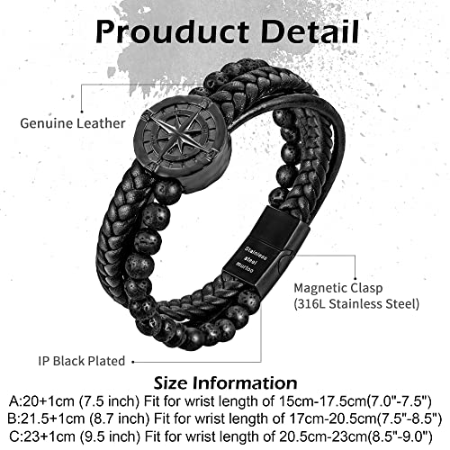 Image of murtoo Men's Bracelet Leather with Compass, Braided Leather Bracelets for Men Magnetic Clasp 7.5 /8.5 /9.5 inch Gift for Husband Boyfriend Father
