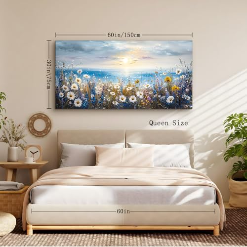 crmotu Beach Wildflower Landscape Wall Art, Seaside Sunset Extra Large Wall Decor, Daisy Floral Botanical Canvas Prints, Modern Rustic House Decorations Living Room Dining Room Farmhouse 30X60 In