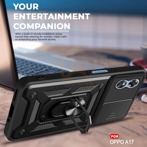 Image of Armor Bumper Back Cover Case for Oppo A17 Rotating Camera Cover, Ring Holder & Kickstand | Heavy Duty & 360 Degree Protection Oppo A17 Back Cover (Black)