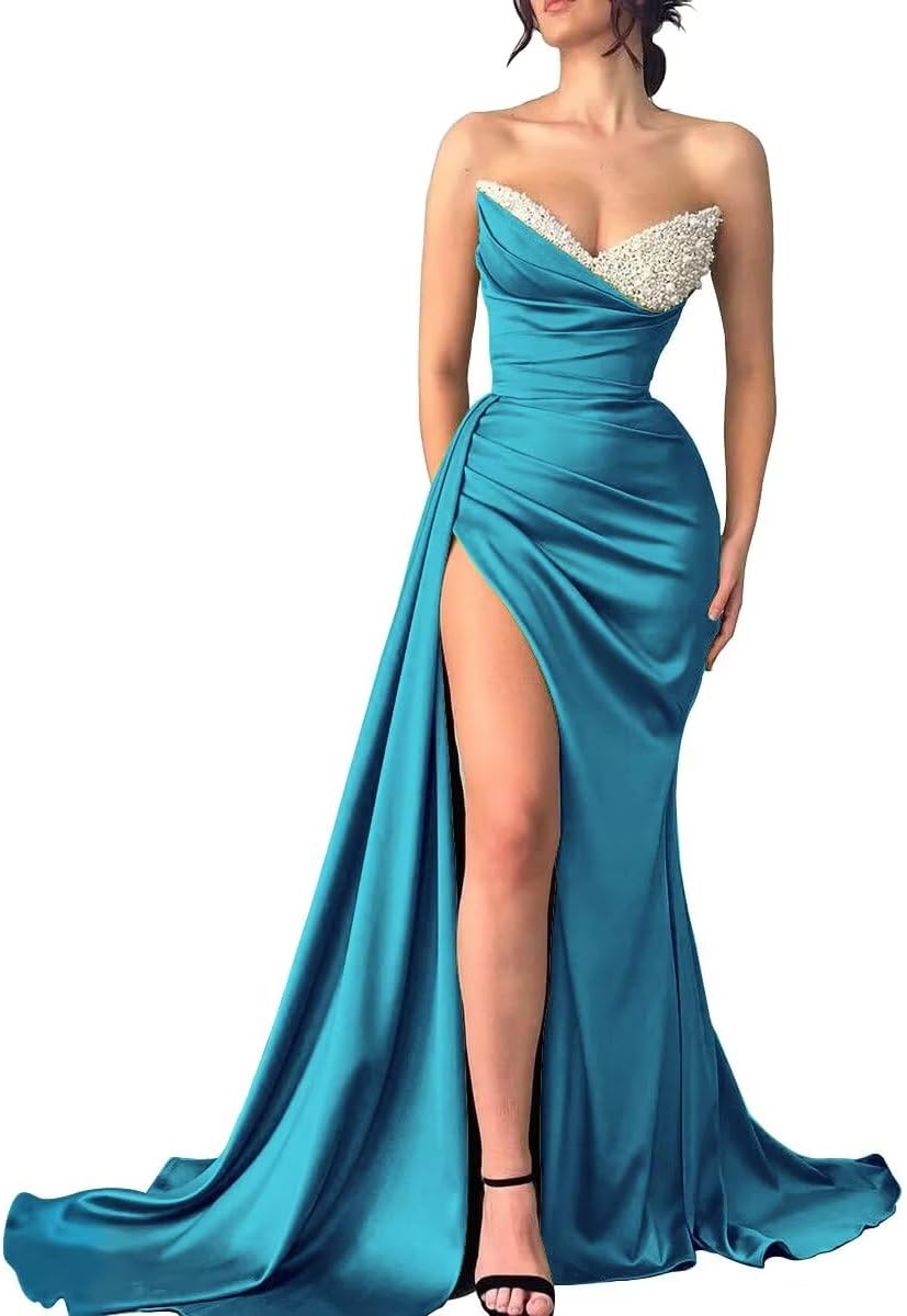Strapless Mermaid Beaded Satin Prom Dresses 2026 Sequin V-Neck Split Pleated Long Formal Evening Party Gowns with Train