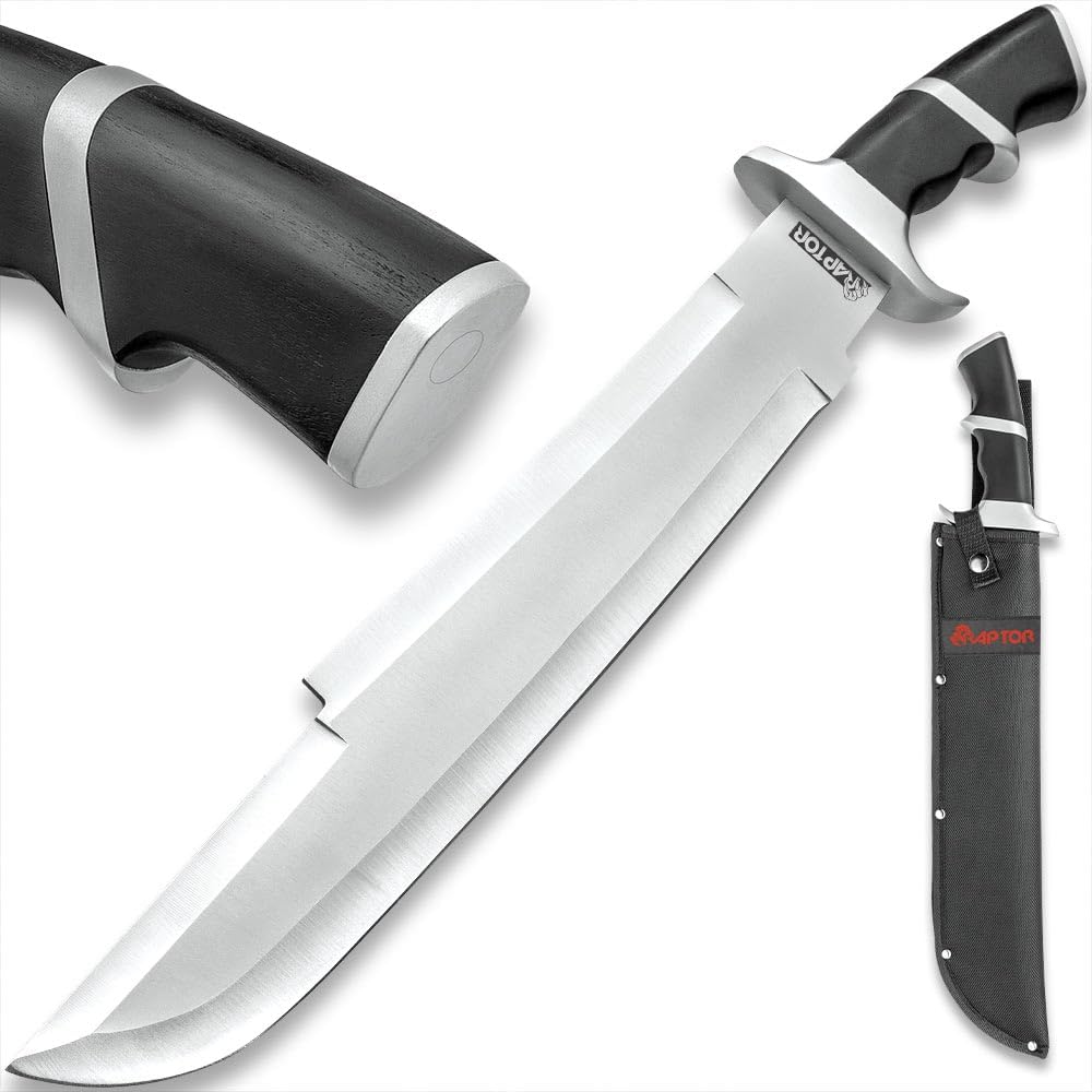 Raptor Machete with Sheath | 14.75" Stainless Steel Blade | Black Pakkawood Handle | Stainless Steel Guard & Pommel | Nylon Belt Sheath Included | 20.5" Overall Length