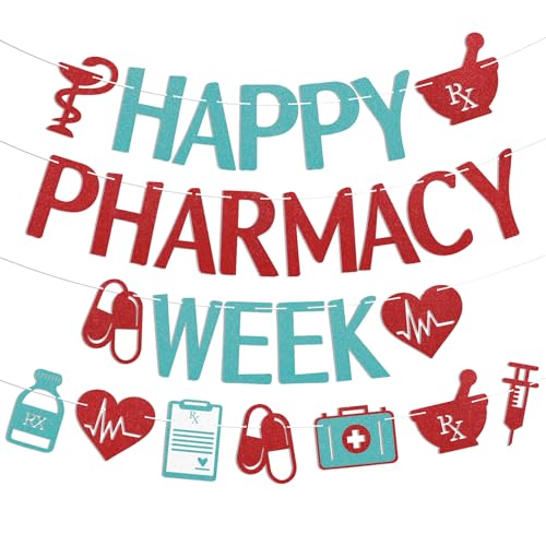 Happy Pharmacy Week Banner - Pharmacy Appreciation Decorations, Thank You Pharmacist Bunting Sign, Staff Party Decor Blue Red Glitter