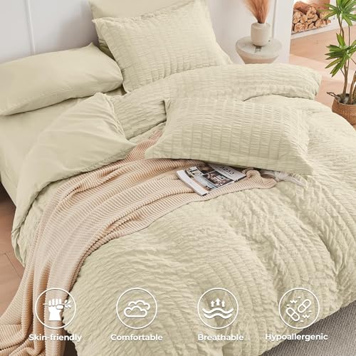 Image of HYMOKEGE Oatmeal Twin Comforter Set Seersucker 5 Pieces, All Season Luxury Bed in a Bag for Bedroom, Bedding Set with Comforter, Sheets, Pillowcase & Sham