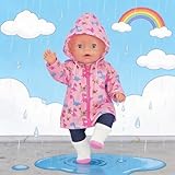 Puppenkleidung 35–45 cm, 5-teiliges Regenmantel Outfit mit Wasserdichter Pinker Dinosaurier Jacke, T-Shirt, Dunkelblauer Hose, Socken & Kleiderbügel, Puppen Zubehör (Ohne Puppe)