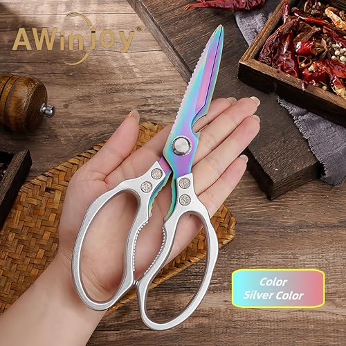 AWinjoy Heavy Duty Sharp Kitchen Scissors, Dishwasher Safe, Cooking Shears for Meat, Chicken, Fish, Poultry, Herb, Bread (Silver Color) by AWinjoy - Used condition - Image 5