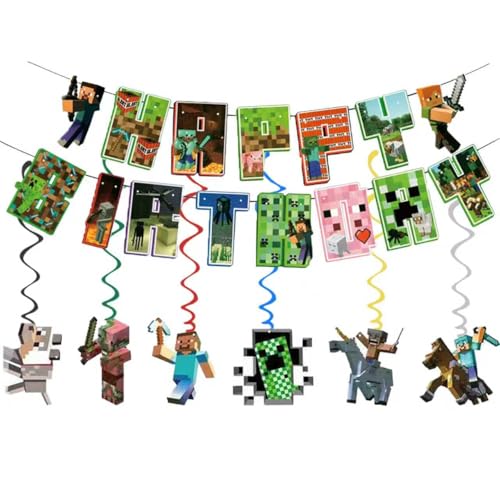 For Pixel Happy Birthday Banner Party Decoration With 6 Vortex Decorative Pendants