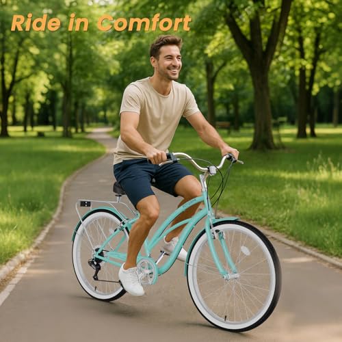Image of Beach Cruiser Bike for Women and Men, 24 /26 Inch 7-Speed Adult Bicycle | Step-Through or High-Bar Frame, Rear Rack, Full Fenders, Kickstand, Adjustable Comfort Seat, 350 lb Capacity, Classic Cruiser