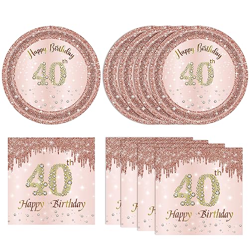 40 PCS 40th Birthday Decorations for Women 40th Birthday Plates and Napkins Set Forty Year Old Party Disposable Tableware set for Rose Gold 1986 40th Birthday Decorations
