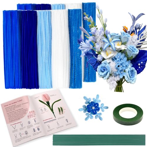 URSDIART 450pcs Blue Pipe Cleaners Flower Kit 5 Colors Pipe Cleaner Bulk Flowers Making Kit with Instruction Fuzzy Wire to Make Flower Wire Floral Tape DIY Decorations and Art Supplies