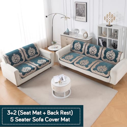 Image of HOKIPO Shahi Teal Premium Chenille Jacquard Sofa Cover 3 Seater and 2 Seater Set - 5 Seater Sofa Cover (3+2) for Seat & Back | 'Royal Aangan Series' (IN-1008-L2*2 + IN-1007-L2*2)