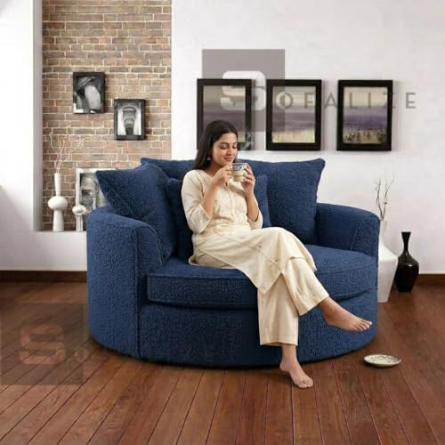 Image of SOFALIZE - Modern Barrel Accent with Pillows Round Sofa Oversize Arm Chair Cozy Club Chair for Bedroom, Living Room, Lounge, Hotel & Office, Hallways Blue Boucle