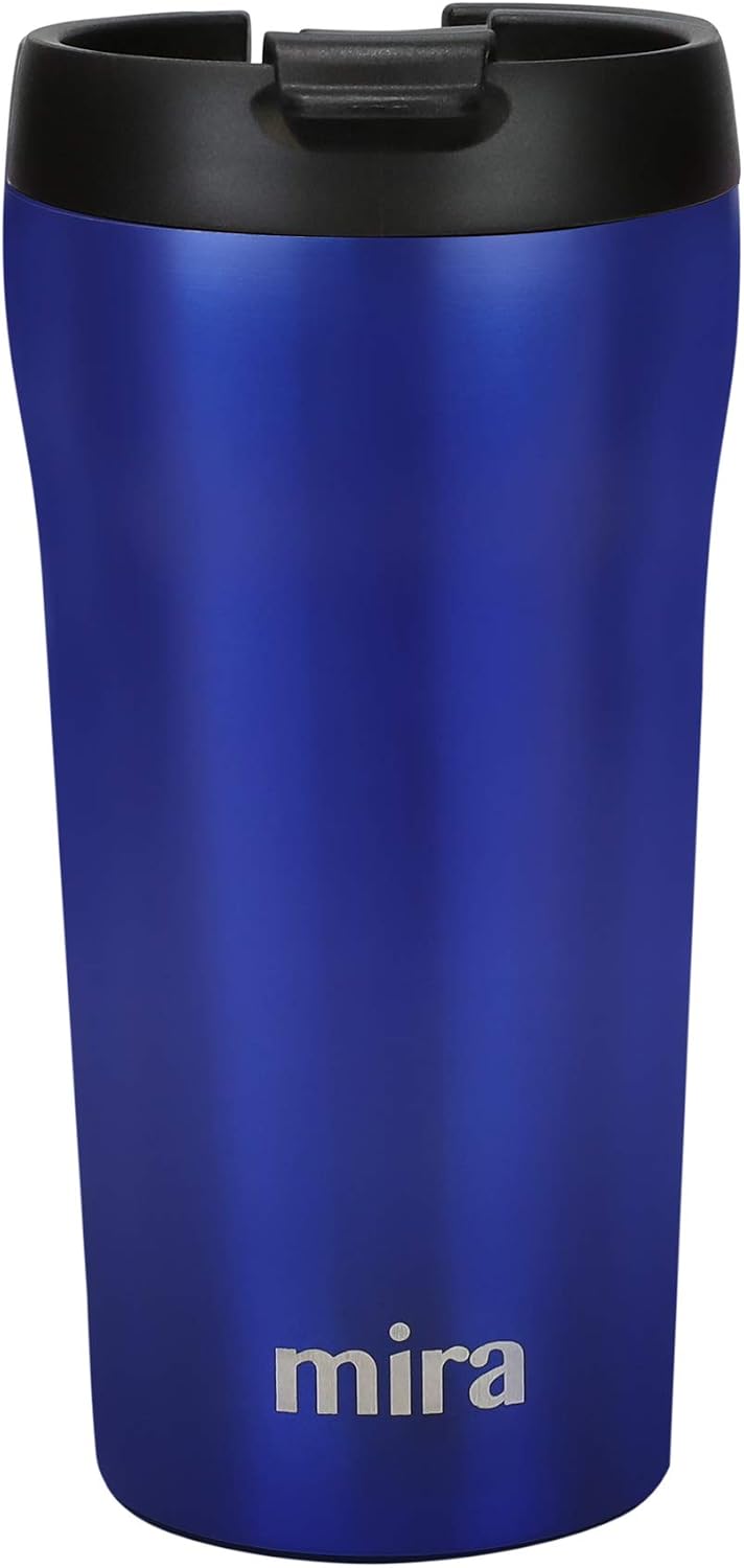 MIRA 16 oz Stainless Steel Insulated Travel Mug with lid - Spill Proof Vacuum Insulated Car Tumbler Cup for Coffee & Tea - Thermos Keeps Drinks Steaming Hot or Ice Cold - Sapphire Satin
