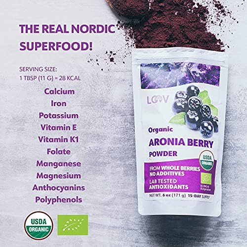 LOOV Organic Aronia Berry Powder, Not Made from Concentrate, Freeze Dried and Powdered Organic European Aronia Berries (Chokeberries), 15-Day Supply, 171 g, Raw, No Added Sugar