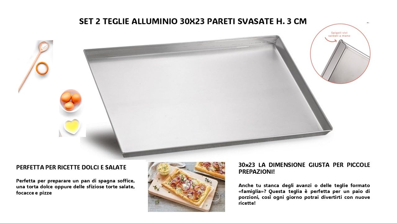 N. 2 TEGLIE RETTANGOLARI ALLUMINIO PURO 30 X 23 - BORDO DRITTO H. 3 CM