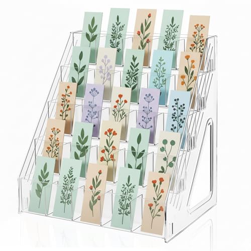 GYSLEOT Bookmark Display Stand for 2.5Bookmark 5 Tier 25 Pockets Clear Acrylic Sticker Holder for Vendor Events Retail Portable Stamp Display Shelf Rack