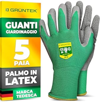 Foto di GRÜNTEK Guanti da Lavoro e Giardinaggio 5 PAIA. Guanti da Giardinaggio Rivestiti in Lattice per Uomo e Donna, Misura M8. Guanti di Sicurezza.