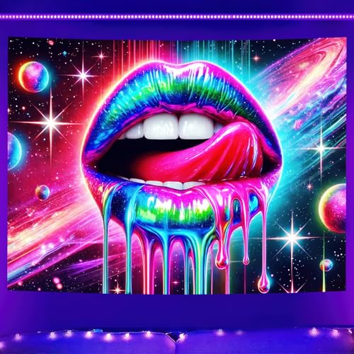 Image of BlissYard Blacklight Tapestry Neon Glow Posters 78x59 Inches Cosmic Rainbow Lips Wall Hanging, Fluorescent Art Decoration for Bedroom, Living Room, Parties