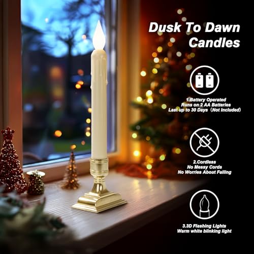 Image of 6 Pcs Sensor Dawn to Dusk Window Candles, Flickering Battery Candles for Windows, Ultra Bright Fake Candle Lights with Gold Holders, Led Candlesticks for Xmas Home Decor, White Light
